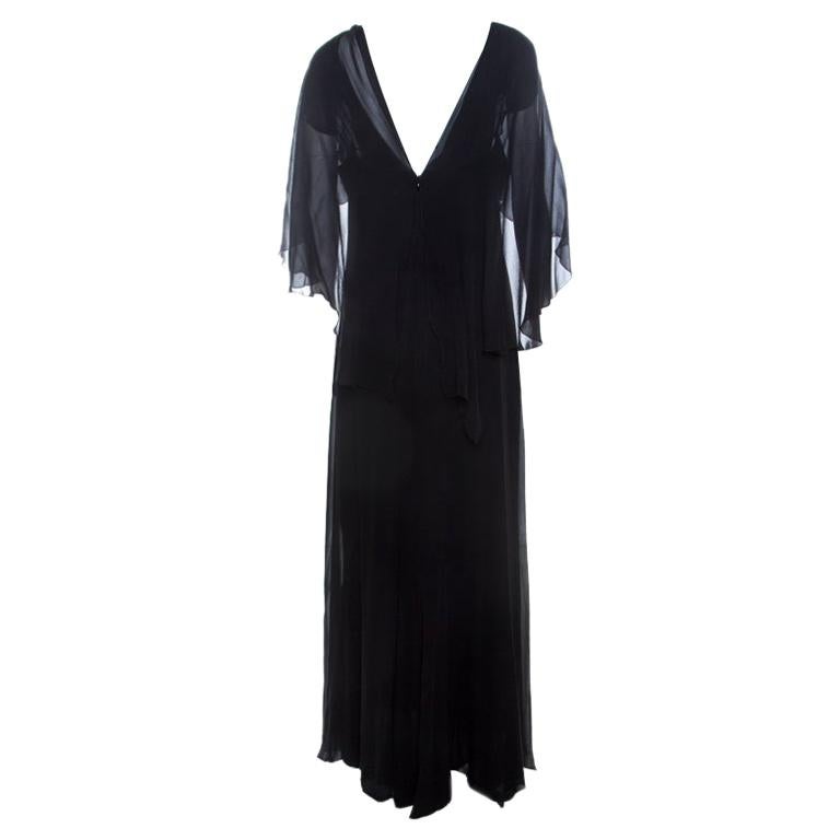 Elie Saab Black Silk Chiffon Cape Sleeve Evening Gown L