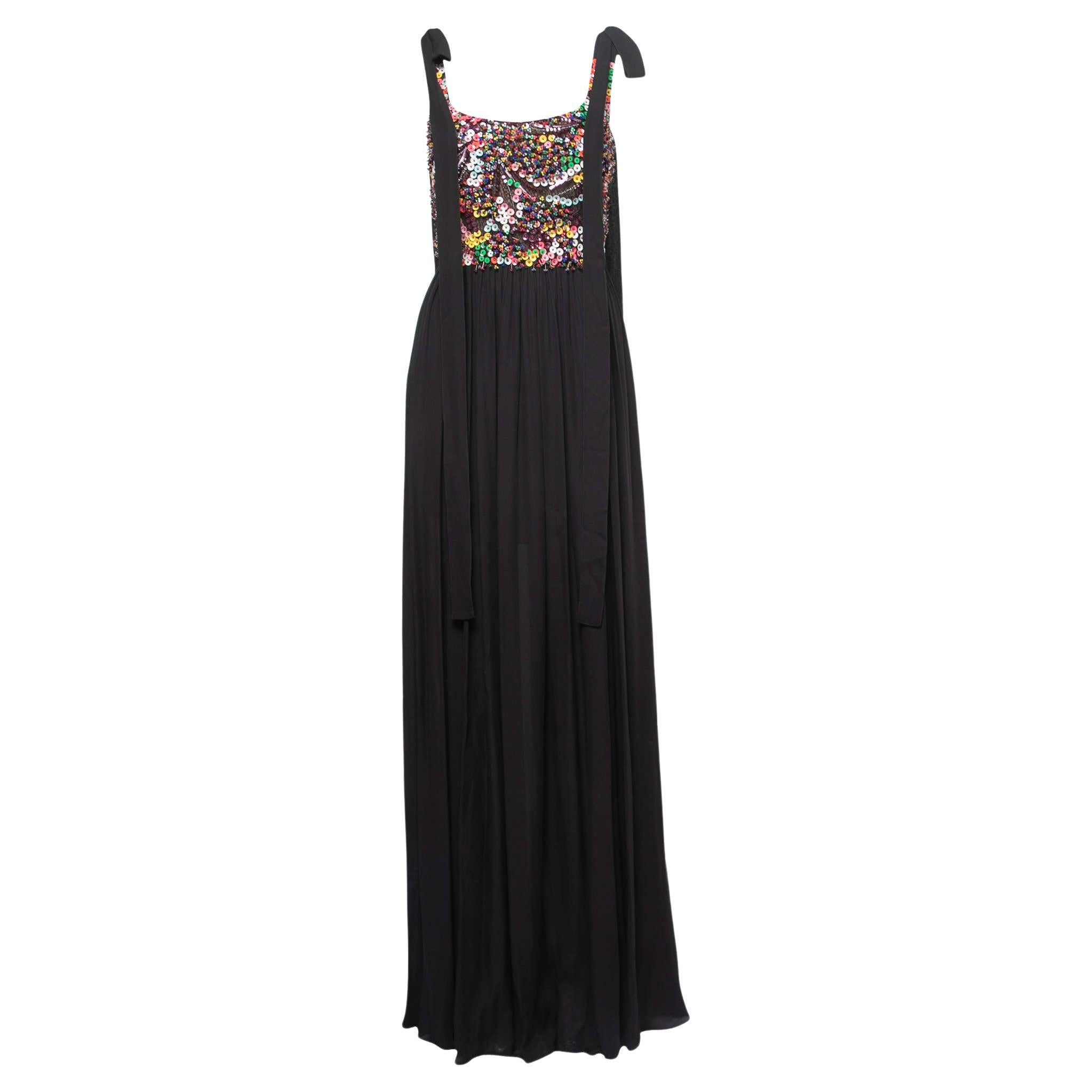 Elie Saab Black Silk Chiffon Sequin Embellished Yoke Sleeveless Gown S
