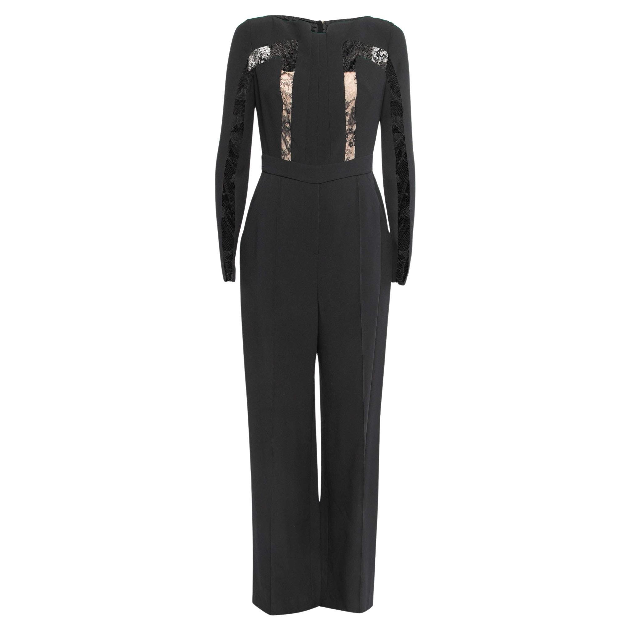 Elie Saab Black Silk and Nylon Lace Trimmed Full Sleeve Jumpsuit S For Sale  at 1stDibs