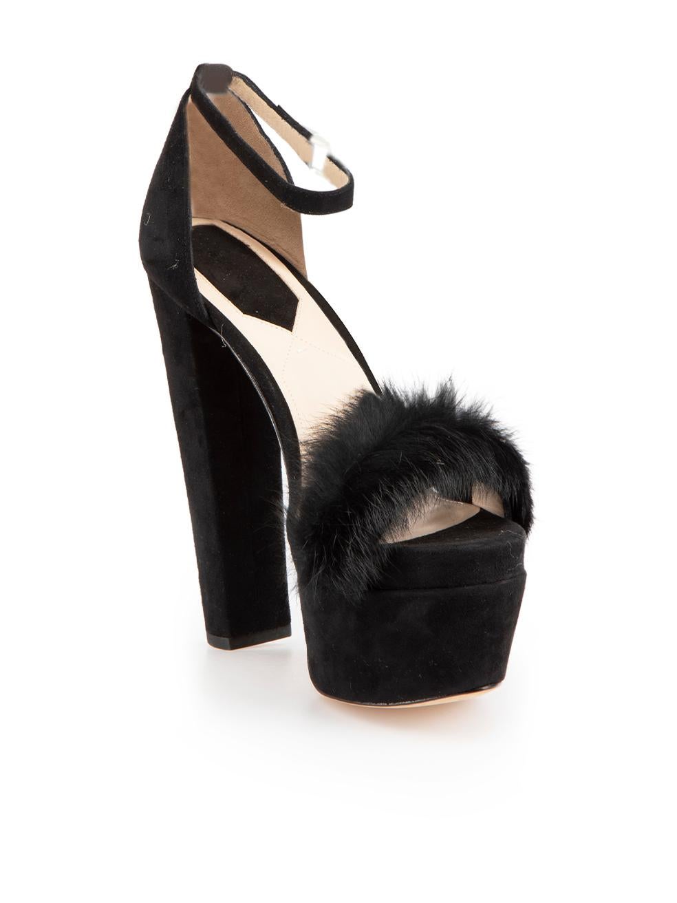 CONDITION is Never worn. No visible wear to shoes is evident on this new Elie Saab designer resale item. These shoes come with original box and dust bag.
 
 Details
 Black
 Suede
 Heeled sandals
 Rabbit fur trim
 Peep toe
 Platform
 Adjustable ankle