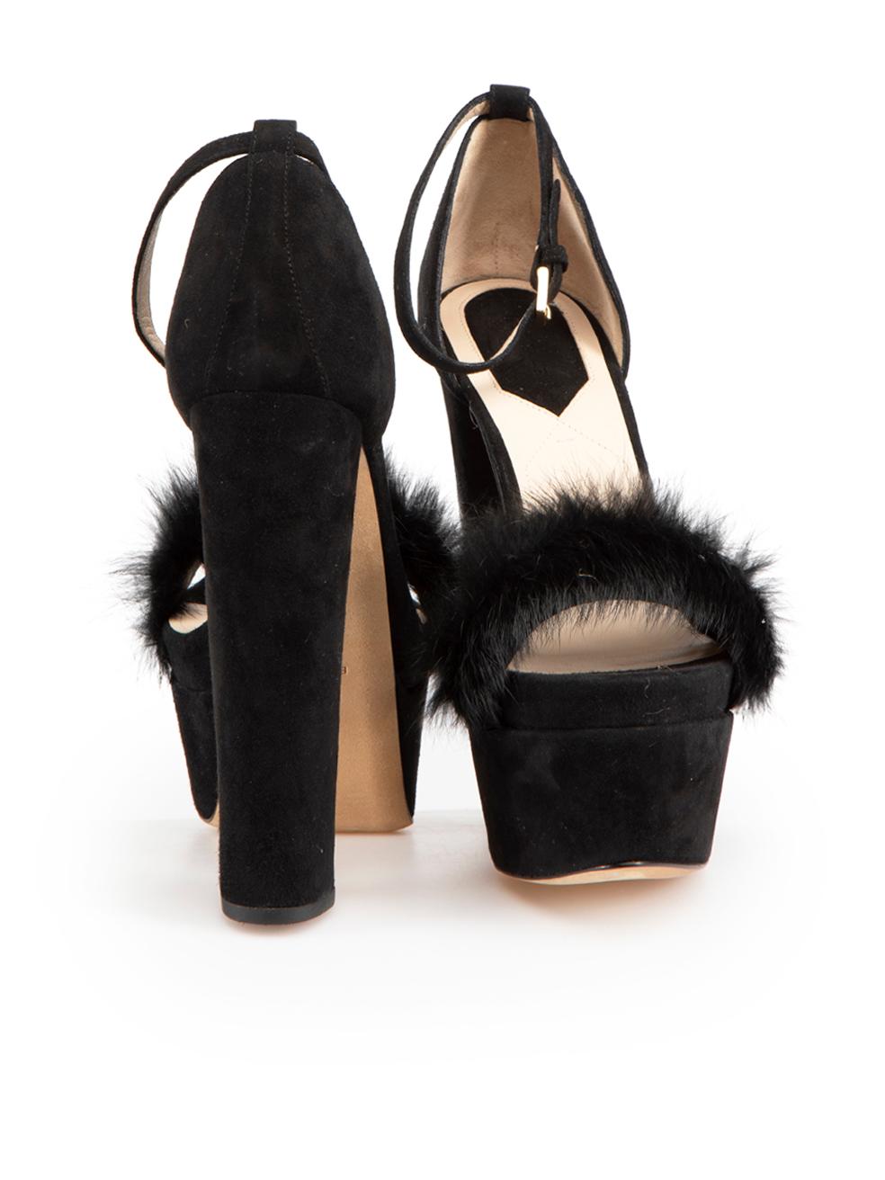 Elie Saab Black Suede & Rabbit Fur Platform Sandals Size IT 38.5 In New Condition For Sale In London, GB