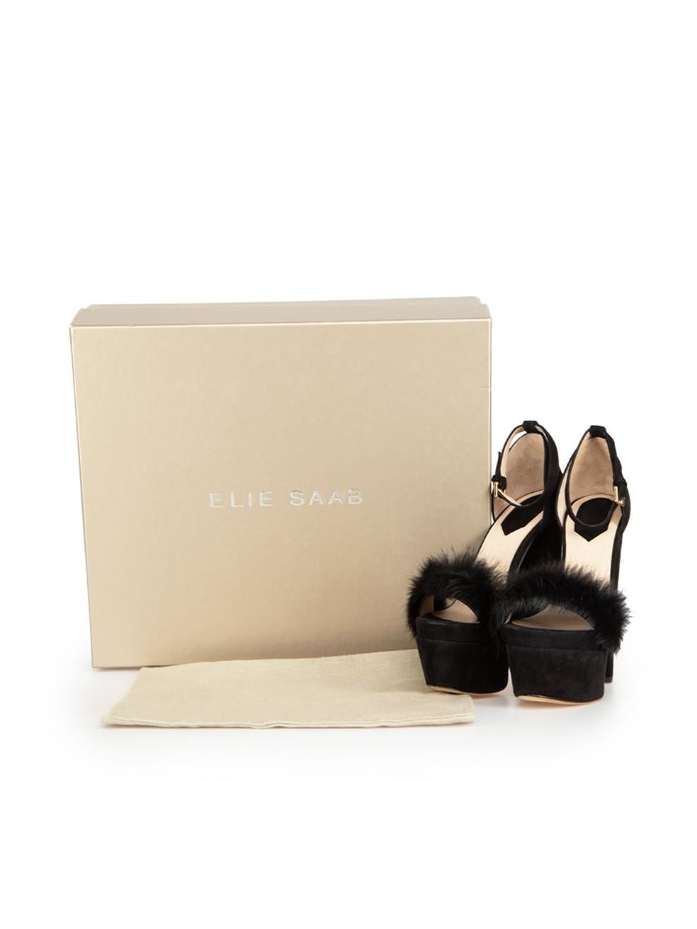 Elie Saab Black Suede & Rabbit Fur Platform Sandals Size IT 38.5 For Sale 1