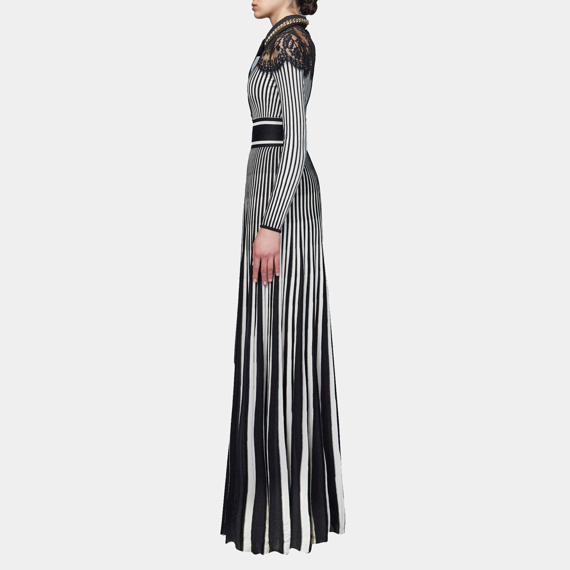 Elie Saab Black & White Knit And Lace Trim Full Sleeve Long Dress M In New Condition In Dubai, Al Qouz 2