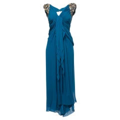 Elie Saab Blau Verschönertes Detail Drapiertes Kleid M