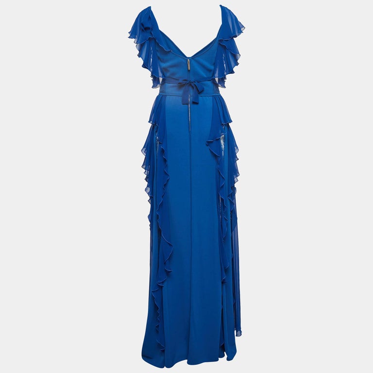 Elie Saab Blue Lace Trim Georgette Ruffled Gown S at 1stDibs