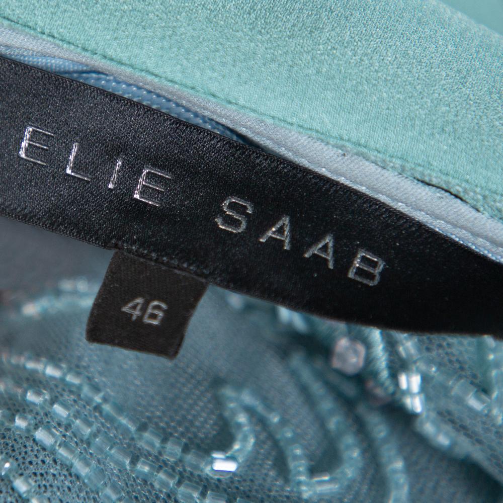Women's Elie Saab Blue Sequin Embellished Tulle Neck Tie Detail Evening Gown L