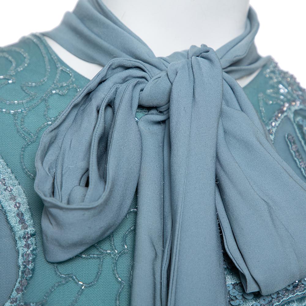 Elie Saab Blue Sequin Embellished Tulle Neck Tie Detail Evening Gown L 1