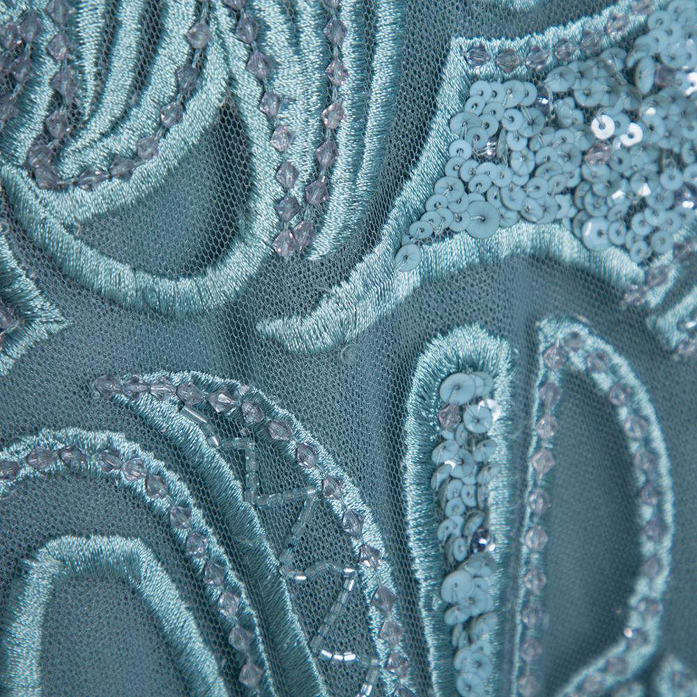Elie Saab Blue Sequin Embellished Tulle Neck Tie Detail Evening Gown L 2