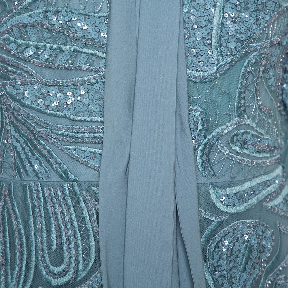 Elie Saab Blue Sequin Embellished Tulle Neck Tie Detail Evening Gown L 3