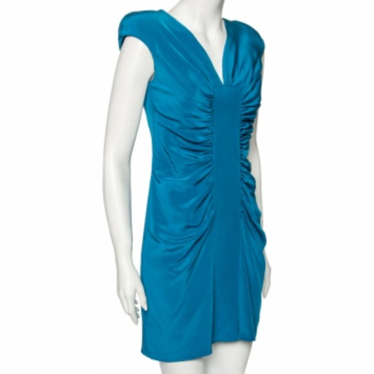 Elie Saab Blue Silk Ruched Detail Short Dress M 3