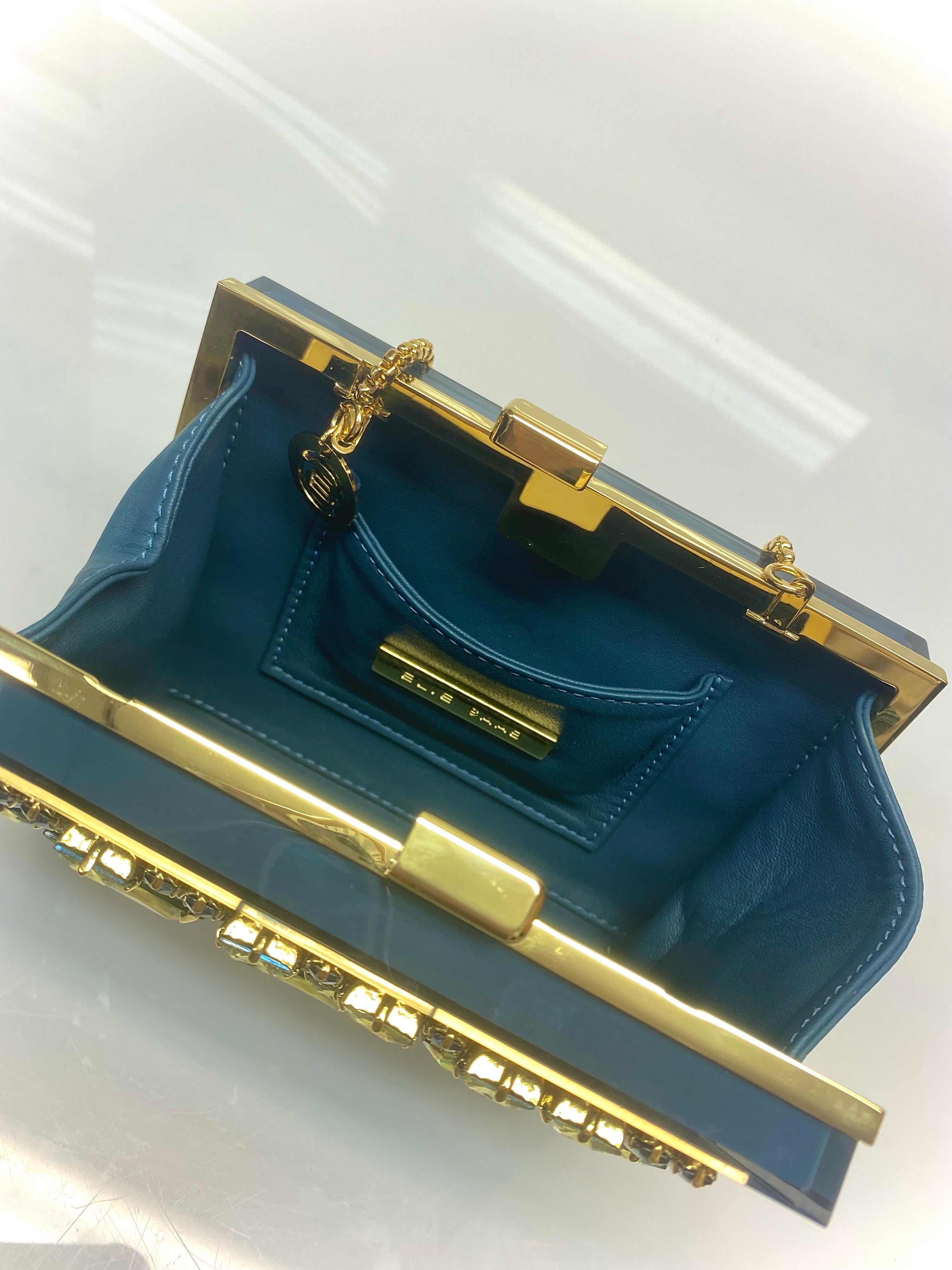 Elie Saab Blue Stone Clutch with Gold Chain  In Good Condition In West Palm Beach, FL