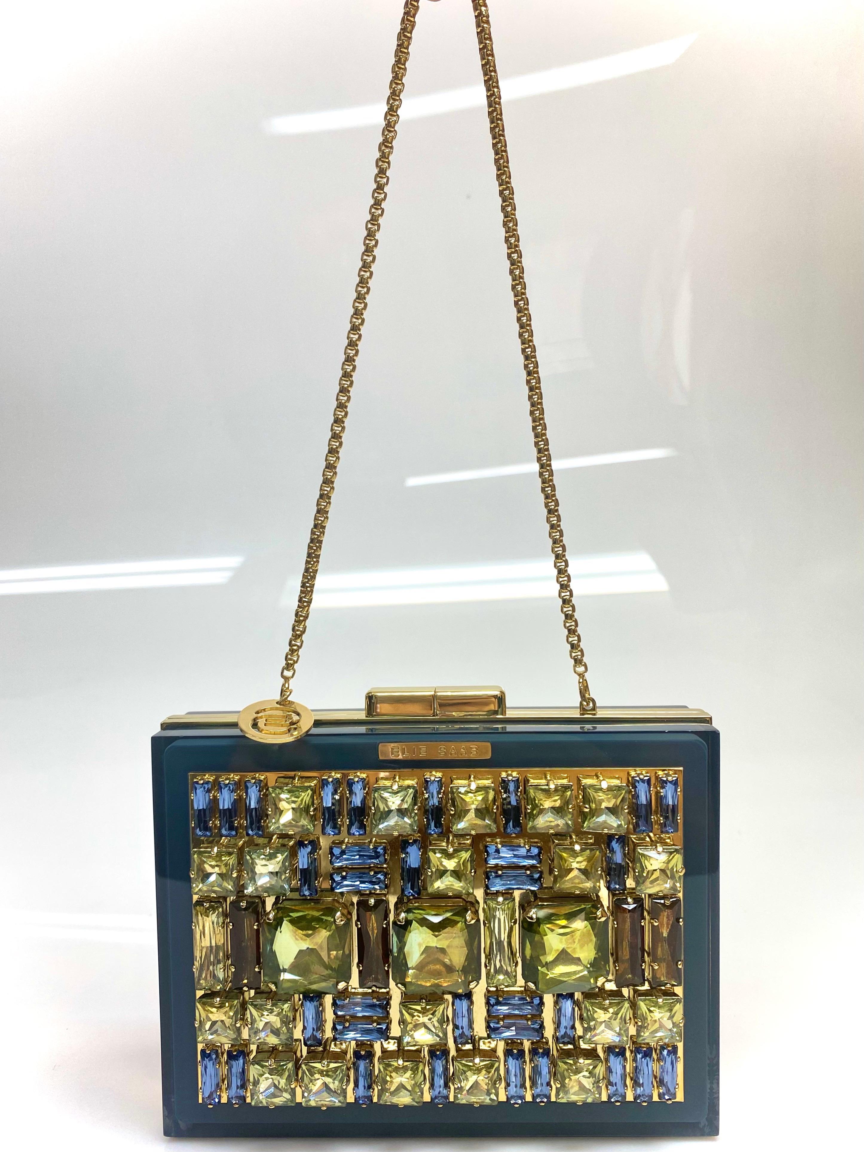 Women's Elie Saab Blue Stone Clutch with Gold Chain 