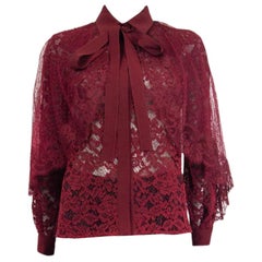 ELIE SAAB burgundy PUSSY BOW CHANTILLY LACE CAPE Blouse 38 XS
