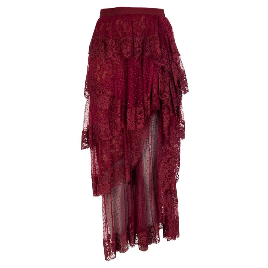ELIE SAAB burgundy TIERED CHANTILLY LACE TULLE MIDI SKIRT 38 XS