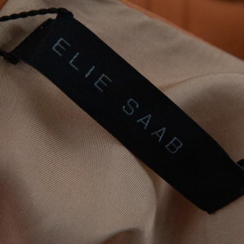 Elie Saab Camel Brown Crepe Pleated Detail Belted Sleeveless Dress S In Good Condition In Dubai, Al Qouz 2