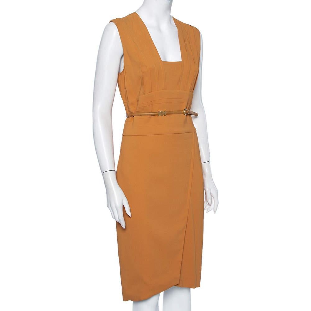 Elie Saab Camel Brown Crepe Pleated Detail Belted Sleeveless Dress S In Good Condition For Sale In Dubai, Al Qouz 2