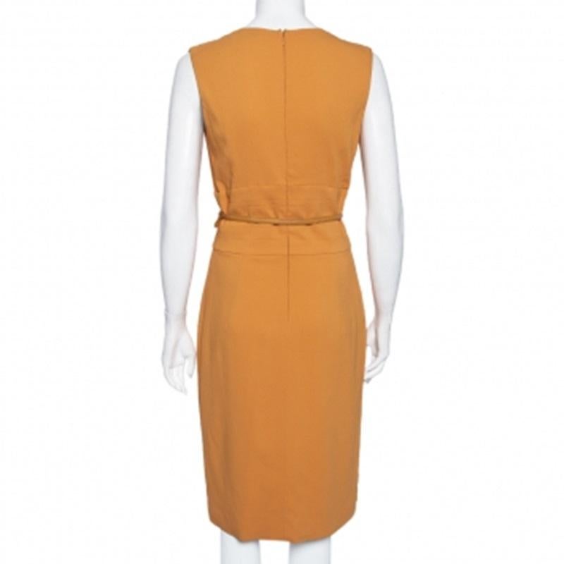 Women's Elie Saab Camel Brown Crepe Pleated Detail Belted Sleeveless Dress S