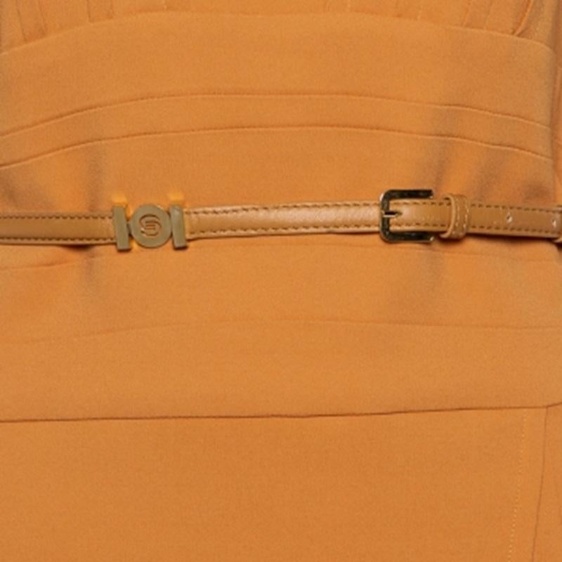 Elie Saab Camel Brown Crepe Pleated Detail Belted Sleeveless Dress S 1