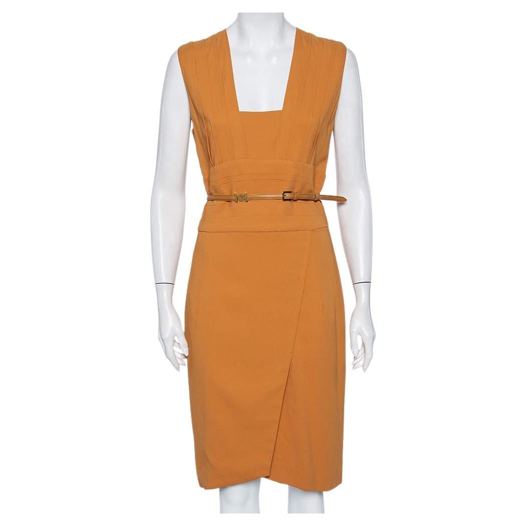 Elie Saab Camel Brown Crepe Pleated Detail Belted Sleeveless Dress S For Sale
