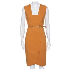 Used Elie Saab Camel Brown Crepe Pleated Detail Belted Sleeveless Dress S