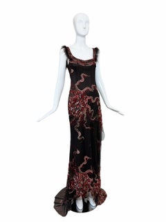 Elie Saab 2003 Vintage Fourrure Embellie Soie Robe du soir Maxi Robe Fendue