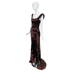 Elie Saab 2003 Vintage Fourrure Embellie Soie Robe du soir Maxi Robe Fendue
