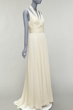 ELIE SAAB cream 100% silk halter neck high slit long grecian gown FR40 M