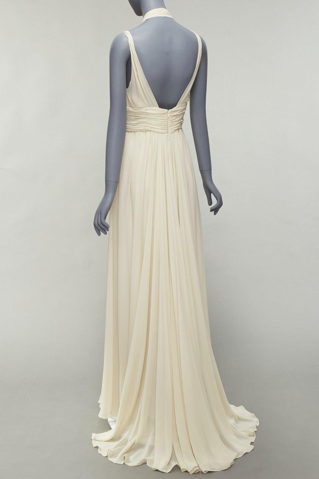 Women's ELIE SAAB cream 100% silk halter neck high slit long grecian gown FR40 M