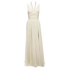 ELIE SAAB cream 100% silk halter neck high slit long grecian gown FR40 M