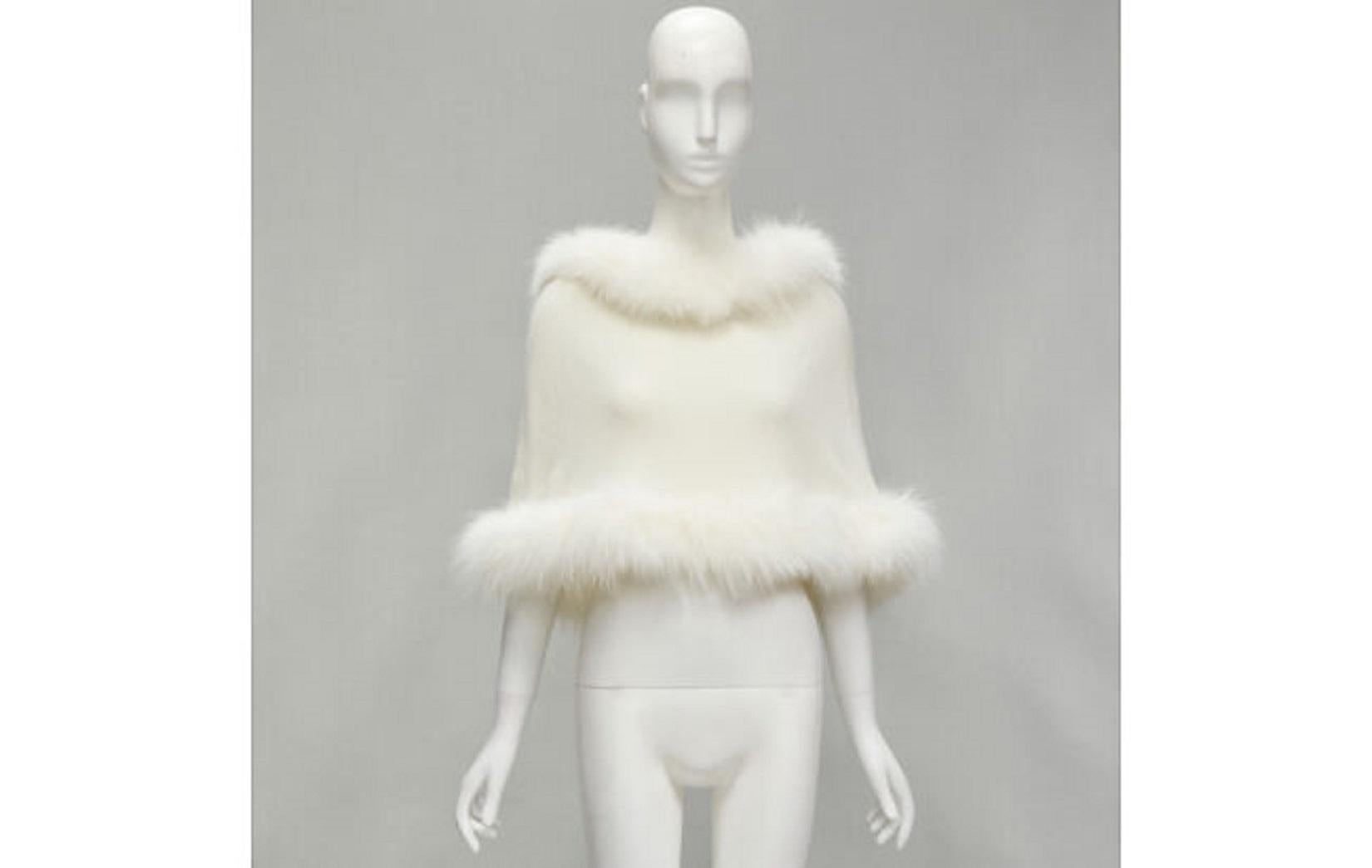 ELIE SAAB cream cashmere white fur trim knitted hooded poncho cape 6
