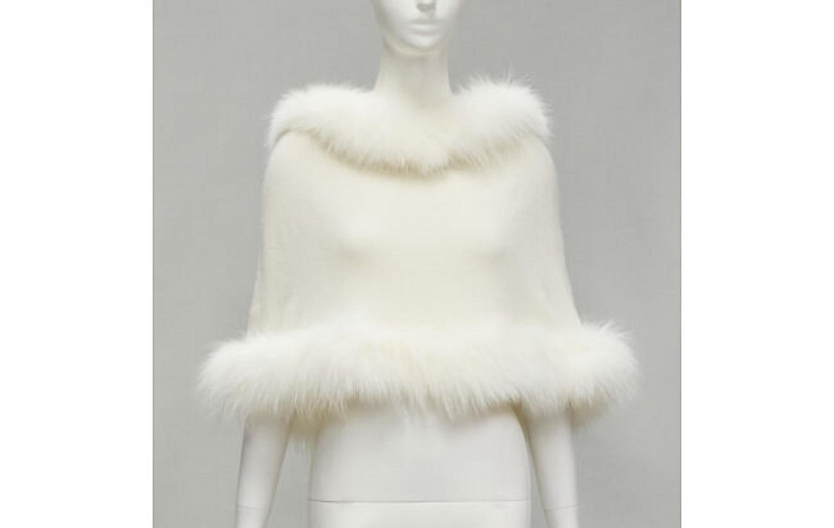 ELIE SAAB cream cashmere white fur trim knitted hooded poncho cape In Excellent Condition In Hong Kong, NT