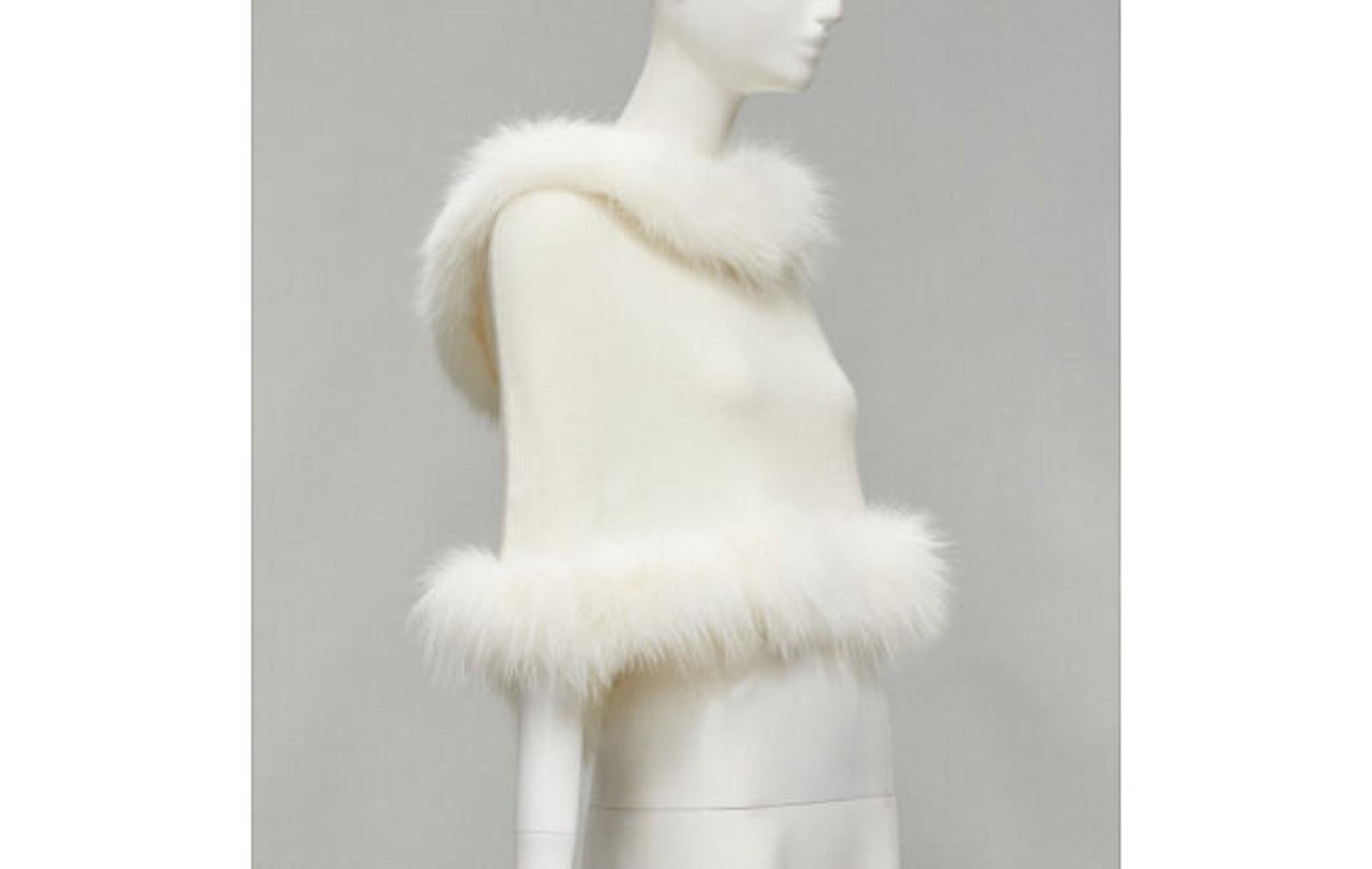 Women's ELIE SAAB cream cashmere white fur trim knitted hooded poncho cape