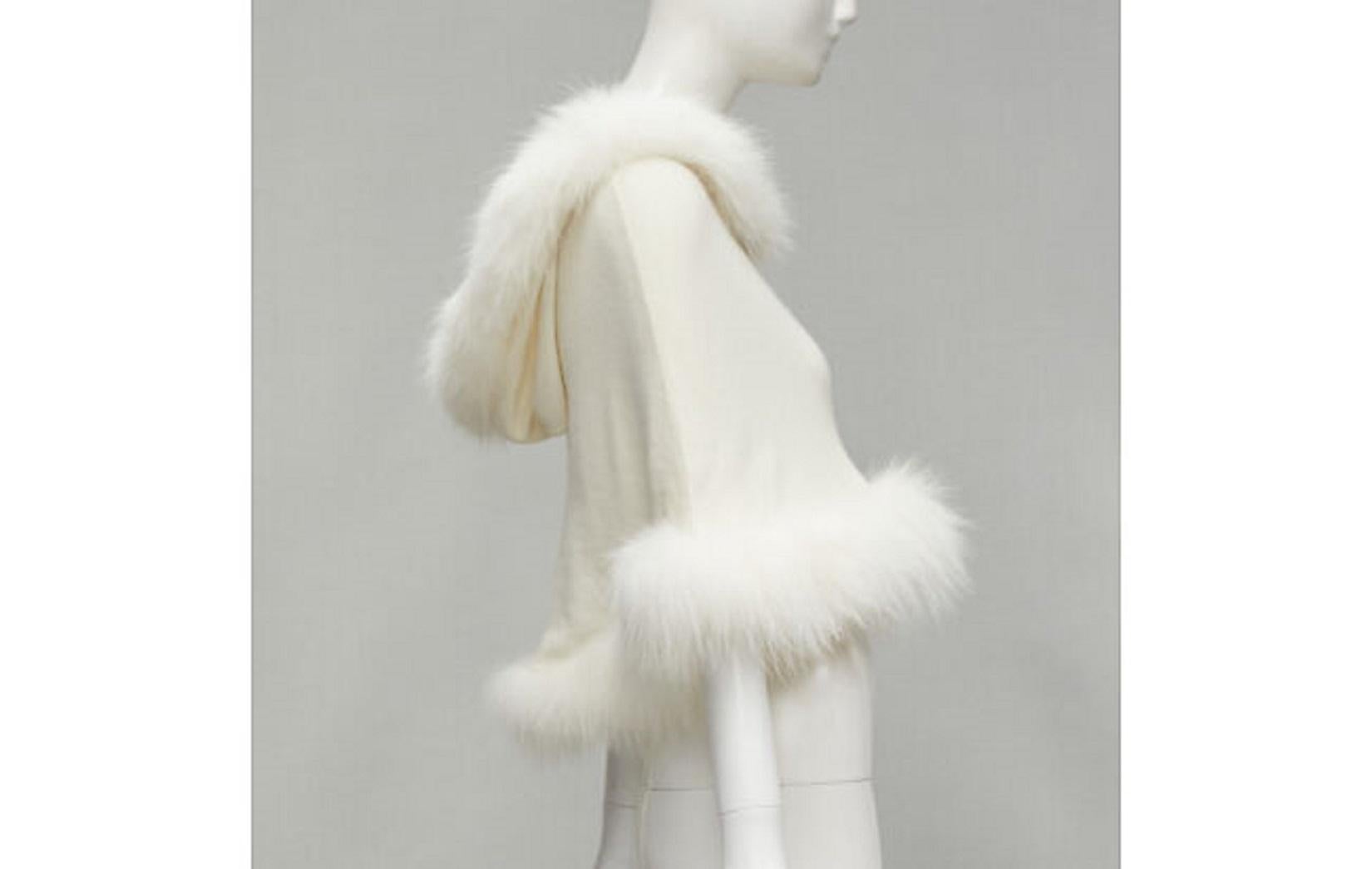 ELIE SAAB cream cashmere white fur trim knitted hooded poncho cape 1