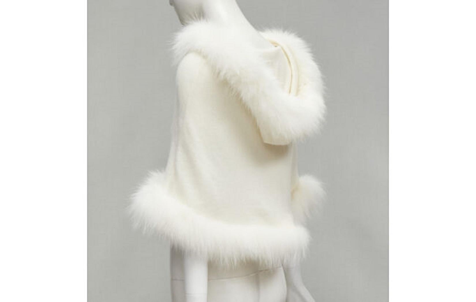 ELIE SAAB cream cashmere white fur trim knitted hooded poncho cape 3