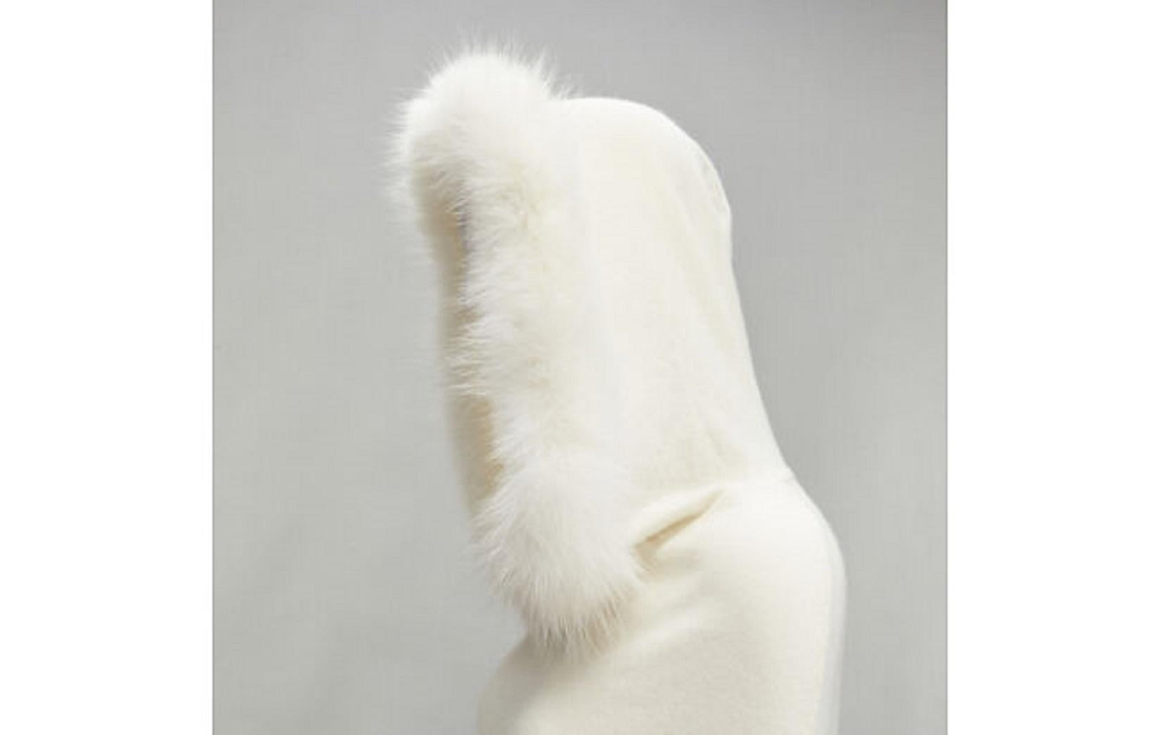 ELIE SAAB cream cashmere white fur trim knitted hooded poncho cape 4