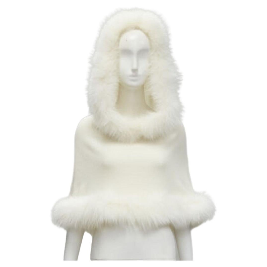 ELIE SAAB cream cashmere white fur trim knitted hooded poncho cape