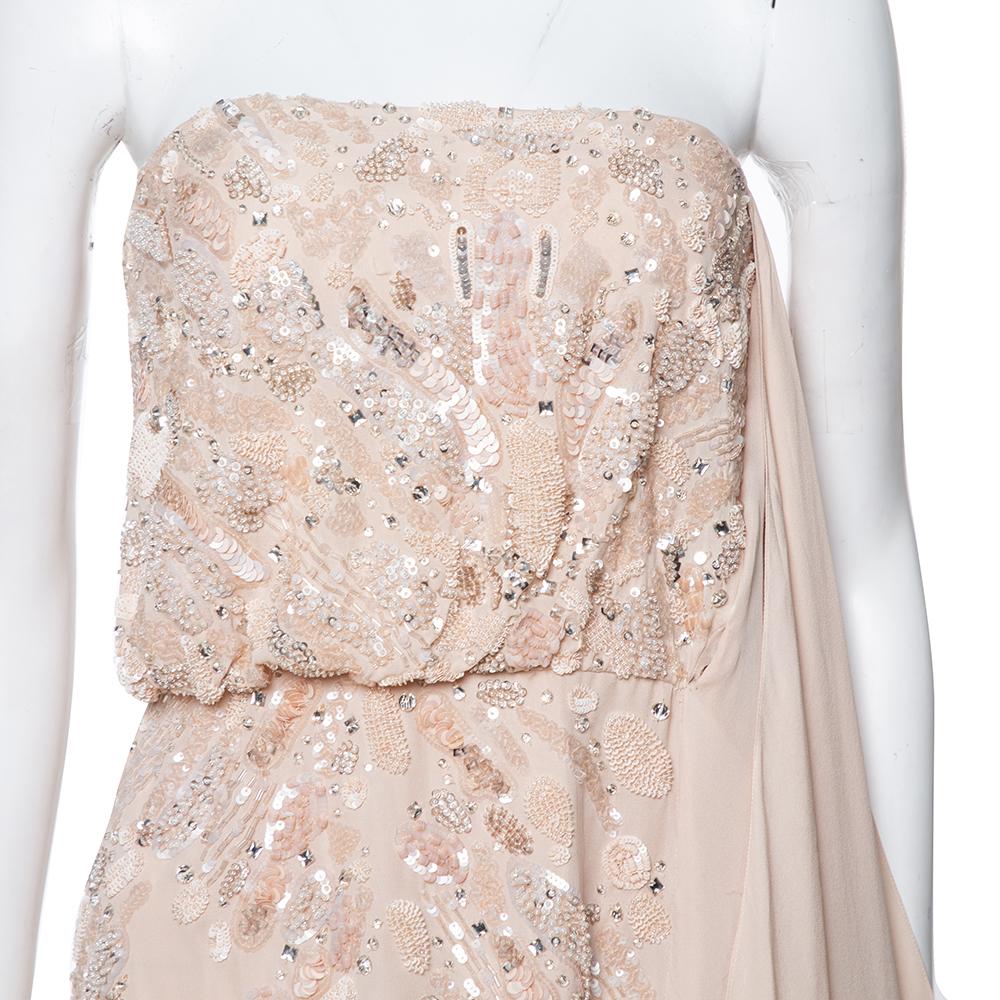 Elie Saab Cream Silk Embellished Draped Strapless Dress S 2
