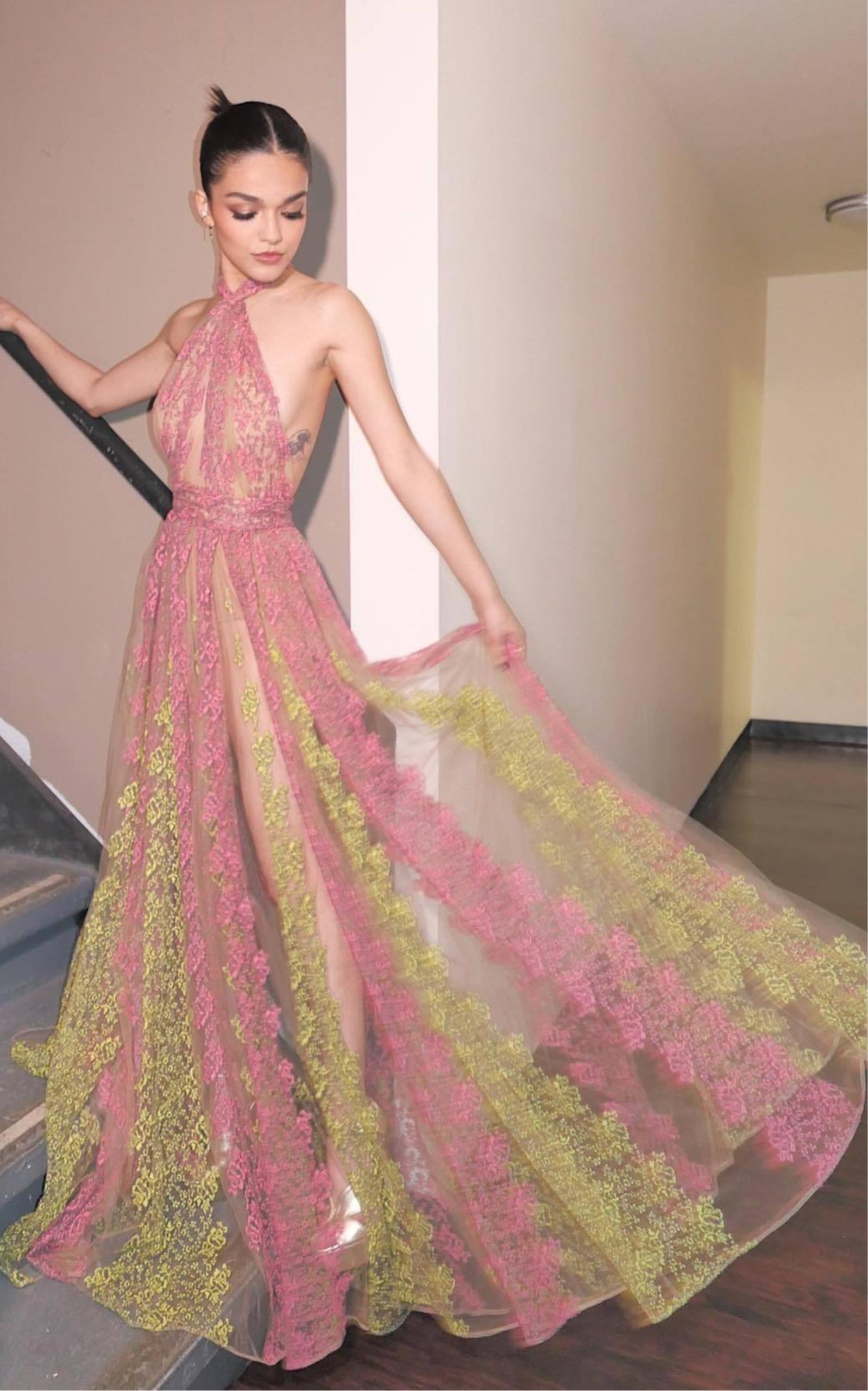 Brown Elie Saab Floral Embroidery Tulle Floral Gown FR 36 - US 4 For Sale