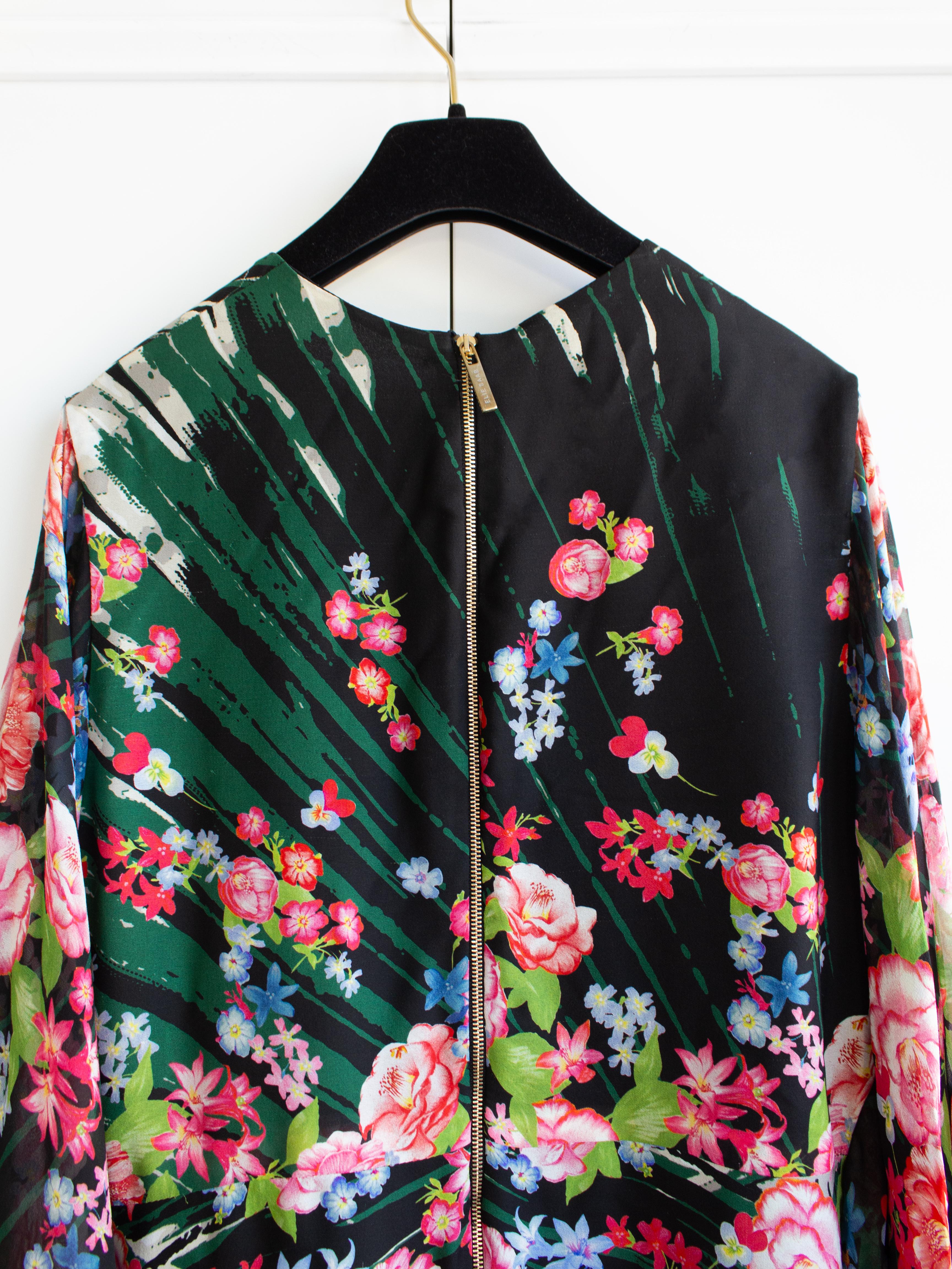 Elie Saab Floral Print Palm Leaf Maxi Multicolor Green Pink Caftan Gown Dress 11