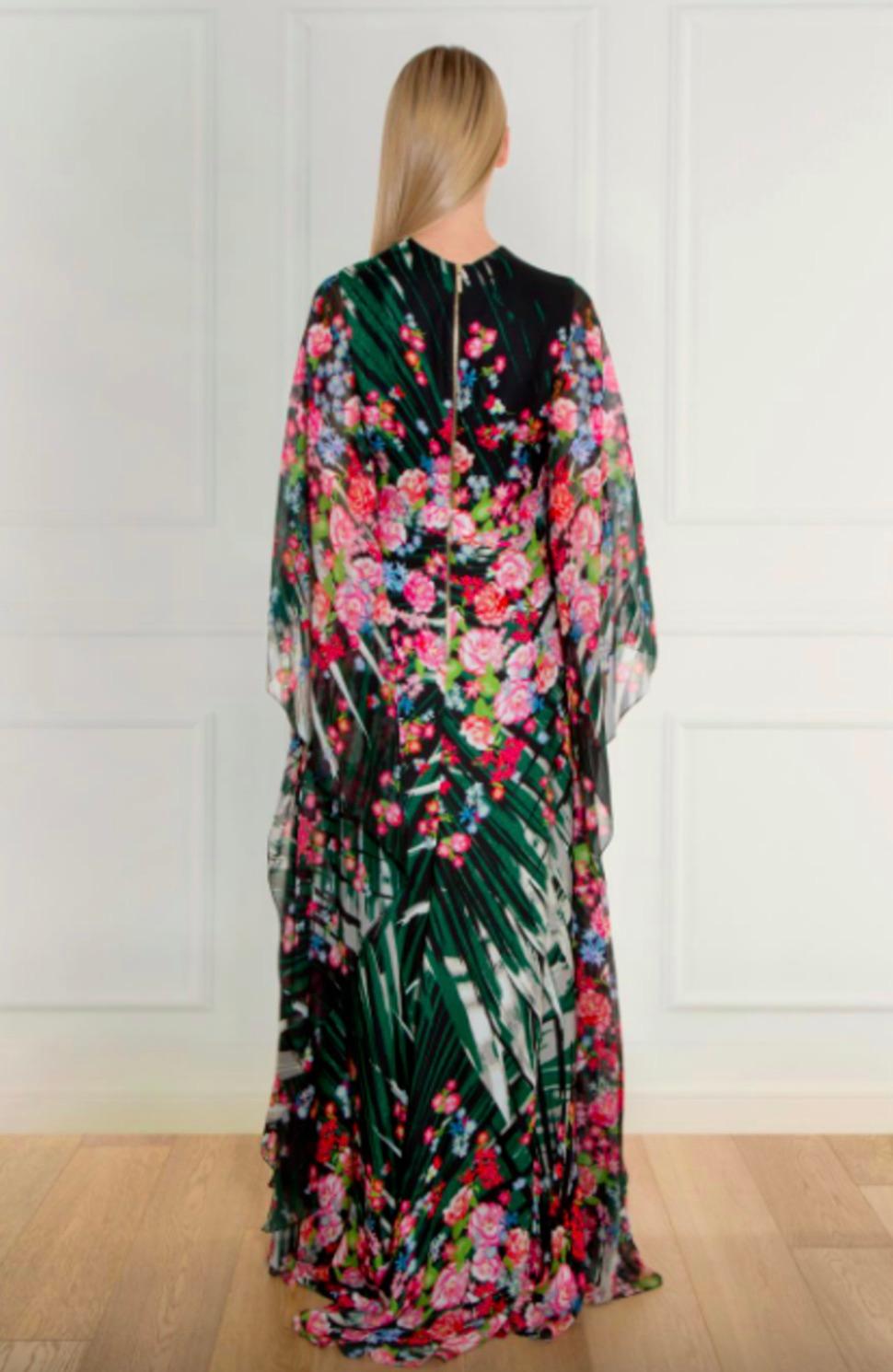 Elie Saab Floral Print Palm Leaf Maxi Multicolor Green Pink Caftan Gown Dress 2