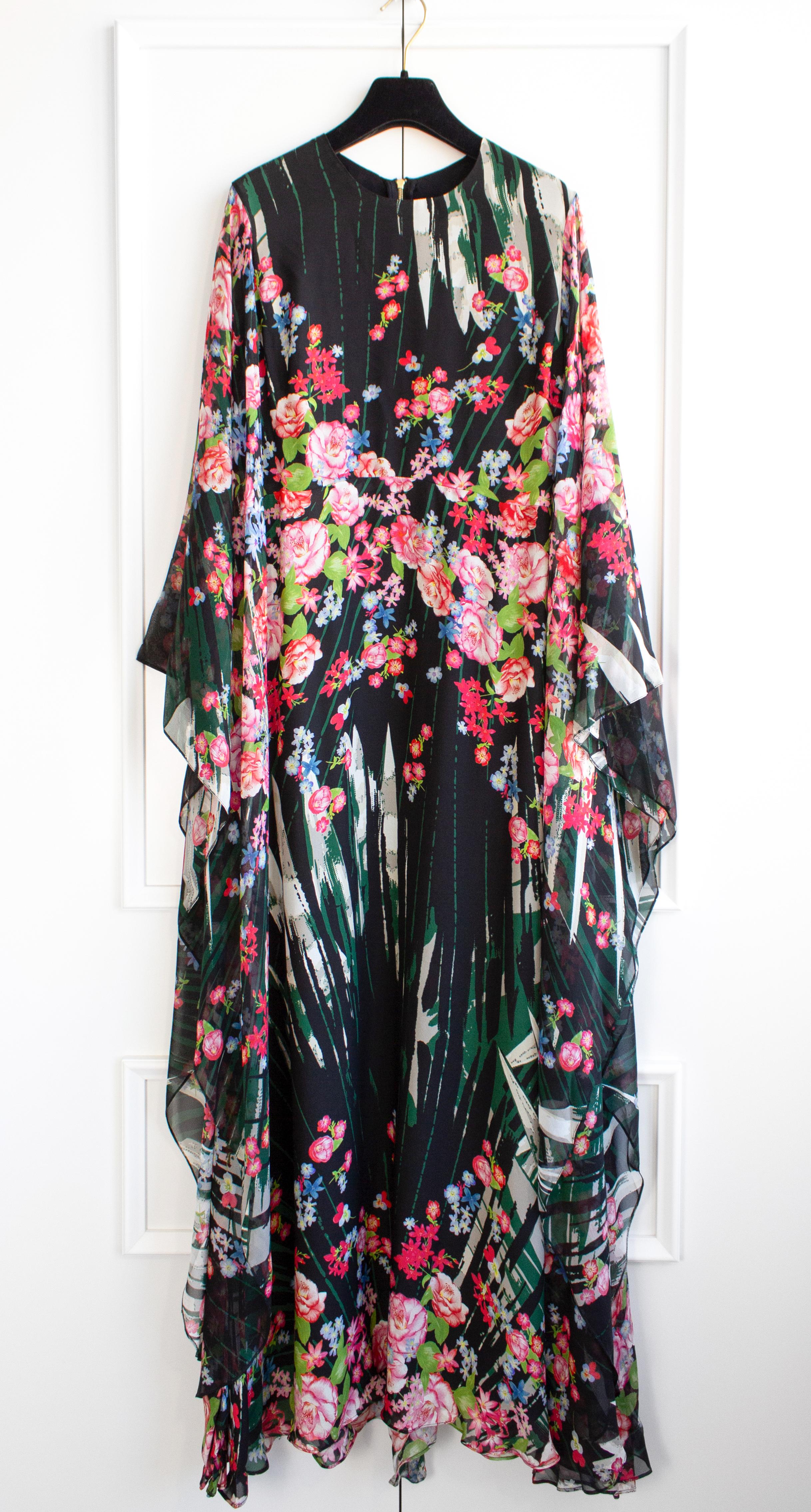 Elie Saab Floral Print Palm Leaf Maxi Multicolor Green Pink Caftan Gown Dress 3