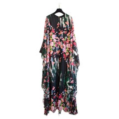Elie Saab Floral Print Palm Leaf Maxi Multicolor Green Pink Caftan Gown Dress