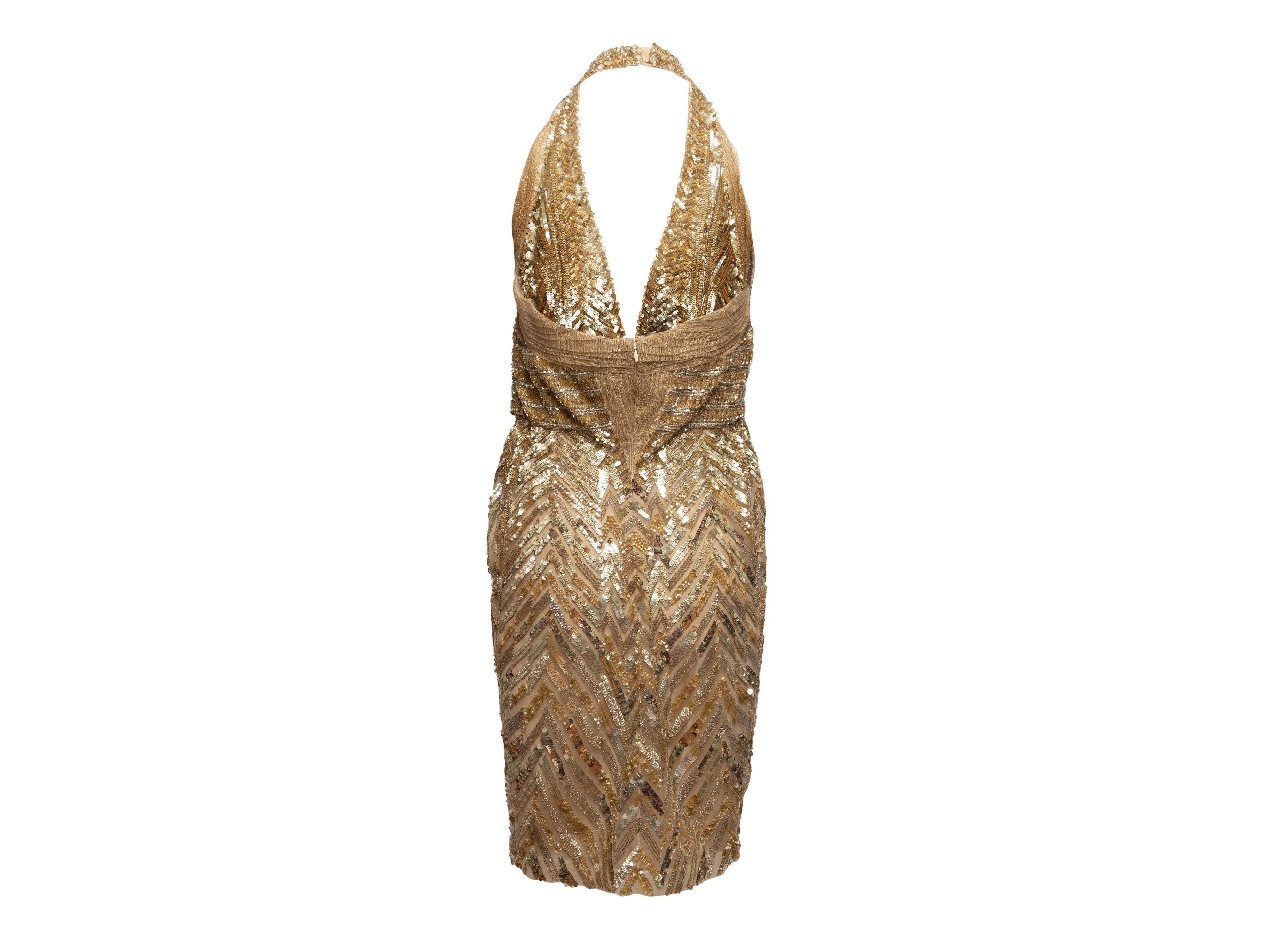 Elie Saab Gold Silk Sequined & Beaded Halter Dress In Good Condition For Sale In New York, NY