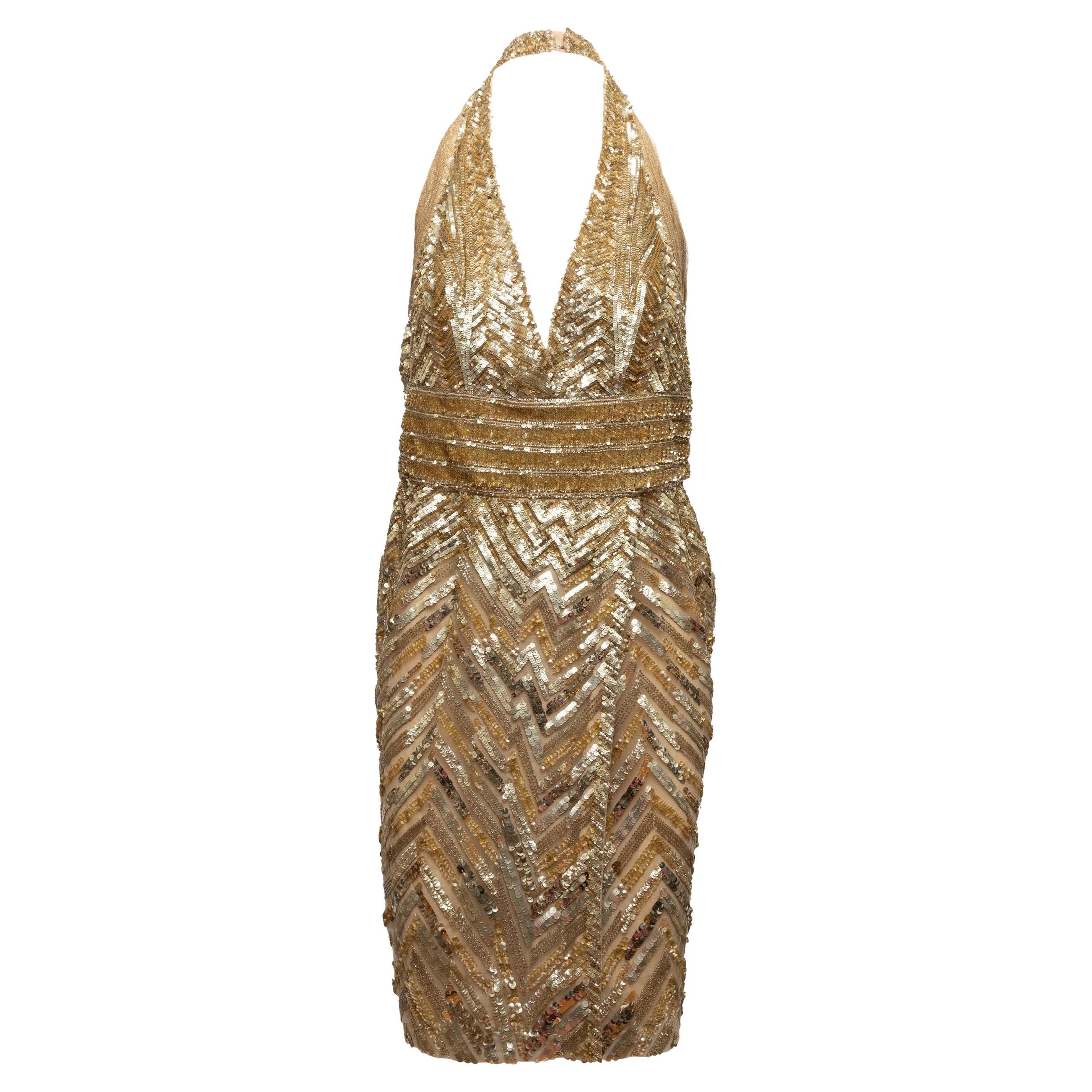 Elie Saab Gold Silk Sequined & Beaded Halter Dress For Sale