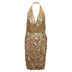 Used Elie Saab Gold Silk Sequined & Beaded Halter Dress