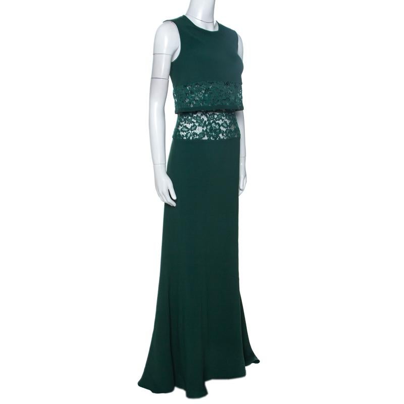 Black Elie Saab Green Crepe Lace Insert Sleeveless Maxi Dress XS
