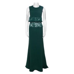 Elie Saab Green Crepe Lace Insert Sleeveless Maxi Dress XS