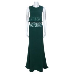 Used Elie Saab Green Crepe Lace Insert Sleeveless Maxi Dress XS