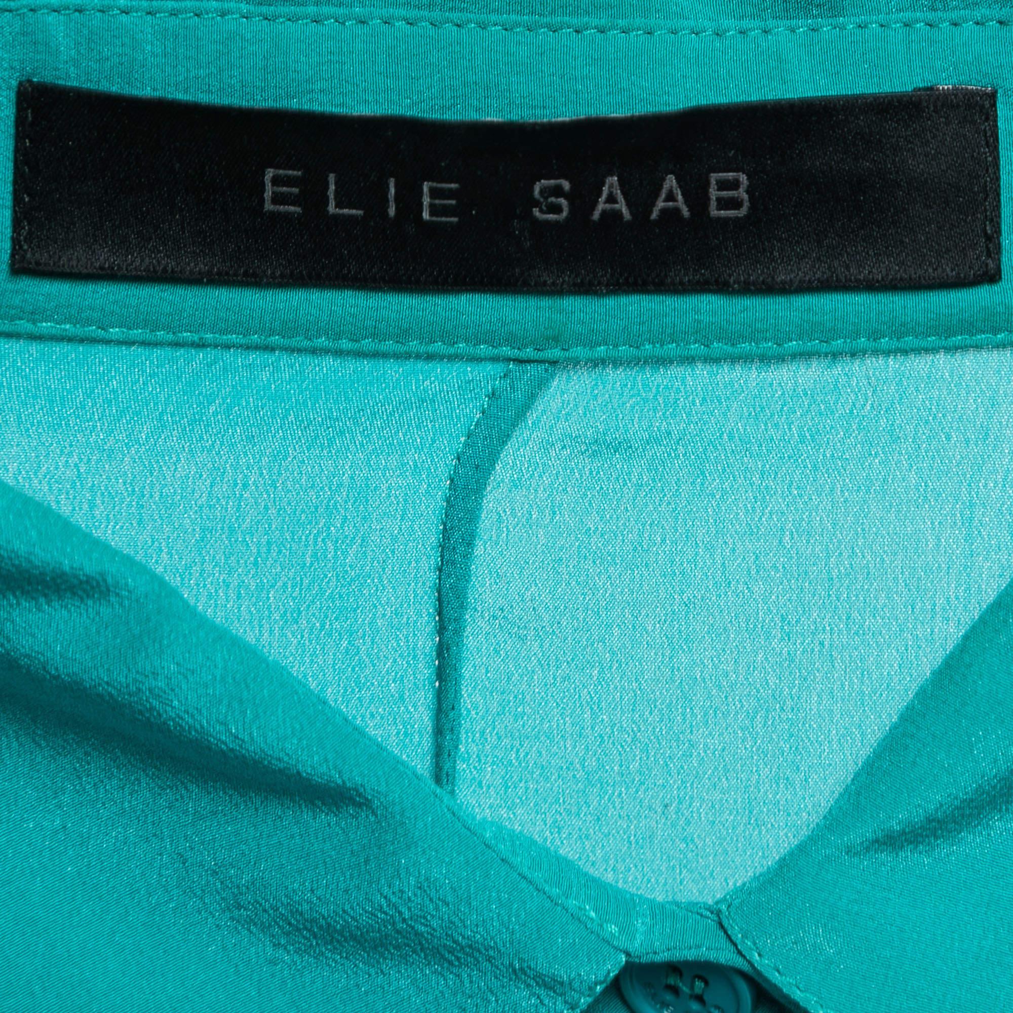 Elie Saab Green Crepe Silk Ruffled Overlay Shirt S For Sale 3