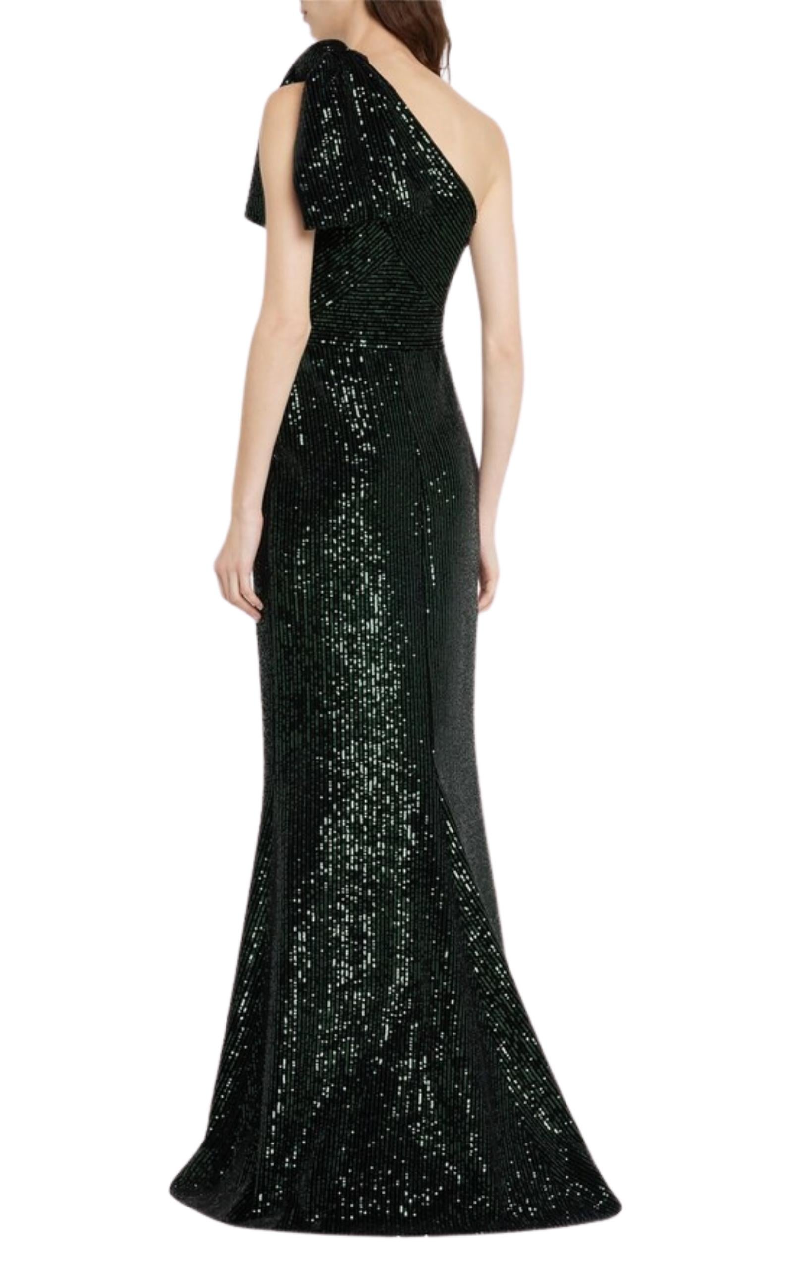 Black Elie Saab Green Sequinned Velvet One-Shoulder Dress FR 42 - US 8 For Sale